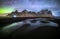 Vestrahorn mountain with Aurora borealis and startrails, Iceland