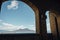 Vesuvius and the gulf of Napoli panoramic view through the castle Castel dell`Ovo arches