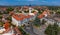 Veszprem, Hungary - Aerial panoramic view of the castle district of Veszprem with city hall building at Ovaros square