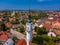 Veszprem, Hungary - Aerial view of the Fire-watch tower at Ovaros square, castle district of Veszprem with Reformed Church