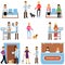 Vet clinic set, veterinary doctors examining dogs and cats, people visiting vet clinic with their pets cartoon vector
