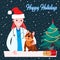 Vet Doctor with dog on New Year greetings card. Veterinarian in Santa hat celebrate Christmas. Happy Holidays banner for