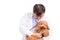 Vet doctor examining poodle dog with stethoscope on white background