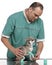 Vet examining a Chihuahua paw in front of white