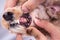 Vet showing pet dog teeth coated with plaque and tar