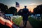 Veteran cemetery and U.S. flag illustration with officer. Military Appreciation Holidays concept