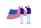 Veteran day and fourth july holiday concept. Vector flat illustration. Man and woman soldier in mess uniform salute. American flag