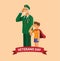 Veterans day. army veteran with grandchild giving salute and respect to national flag celebration symbol in cartoon illustration v