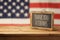 Veterans day background with chalkboard on wooden table