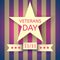 Veterans Day banner with a white star and a ribbon with the date November 11 on the background with magenta and white stripes