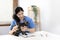 Veterinarian or animal nurse administers medication to cats who are being treated for flu in a veterinary hospital