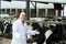 Veterinarian with cows in livestock farm