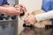 Veterinarian examines the ear of a friendly cat with an otoscope