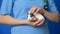 The veterinarian holds a small white guinea pig in his hands and strokes her
