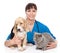 Veterinarian hugging cat and dog. on white background