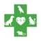 Veterinarian icon with green heart, pets and cross on white background