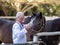 Veterinarian with injection in front of horse