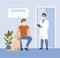 Veterinarian services. Young man sitting with sick dog at vet office. Flat vector illustration