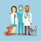 Veterinarian staff with cute pets isolated on blue