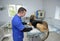 Veterinarian vetting stray dog using stethoscope.October 4, 2019. Municipal animal shelter.  Borodyanka, Ukraine