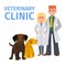 Veterinarians staff with cute animals banner. Veterinary and cartoon animals vector illustration. Smiling female and