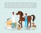 Veterinarians work flat vector illustration. Male, female vets, doctors examining horse, stallion cartoon characters