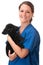 Veterinary Assistant Holding Pet Dog Isolated