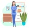 Veterinary care flat illustration. Veterinarian doctor female character in the medical office