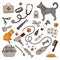 Veterinary clinic, pharmacy and a set of medical instruments. Vector illustration, Doodle. Treatment of animals.