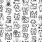 Veterinary clinic seamless pattern with thin line icons: broken leg, protective collar, injection, cardiology, cleaning of ears,