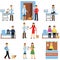 Veterinary clinic set, people visiting vet clinic with their pets, veterinary doctors examining dogs and cats cartoon