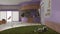 Veterinary clinic waiting room in purple and wooden tones. Reception desk, sitting area with benches, play garden with grass and