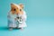 Veterinary concept. Hamster health care. Cute syrian hamster doctor isolated on blue background