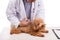 Veterinary doctor vaccinating puppy dog on white background