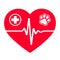 Veterinary emblem heartbeat symbol in heart with dog paw. Illustration of a cardiogram monitor for medical applications and websit