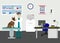 Veterinary office with doctor and pets. Doctor veterinary in clinic with dog. Vector illustration. Veterinarian doctor