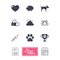 Veterinary, pets icons. Dog paw, syringe signs.