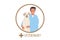 Veterinary sign. Veterinarian man with dog. Doctor and Labrador Retriever. Young man hugs dog. Vet clinic, veterinary