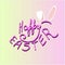 Vetor fhrase `Happy easter`, lettering isolated on the gradient pink background, hand drawning, with bunny ears