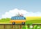 Vetor minibus driving on road, countryside, rural background, vector concept illustration