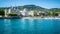 Vevey cityscape with Aile castle taken from Lake Geneva during summer in Vevey Vaud Switzerland