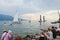 Vevey, Switzerland - July 26 2019: Crowd watching sailboats during Fete des Vignerons 2019. Traditional festival pays homage to