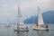 Vevey, Switzerland - July 26 2019: People on sailboat celebrate Fete des Vignerons 2019. Traditional festival pays homage to