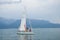 Vevey, Switzerland - July 26 2019: People on sailboat celebrate Fete des Vignerons 2019. Traditional festival pays homage to