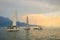 Vevey, Switzerland - July 26 2019: People on sailboat celebrate Fete des Vignerons 2019. Traditional festival pays homage to