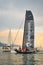 Vevey, Switzerland - July 26 2019: People on sailboat celebrate Fete des Vignerons 2019. Traditional festival pays homage to