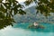 Vew of Bled lake with mountains, island and pilgrimage church, view from the Bled Castle upper yard, Slovenia.