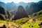 Vew of the Urubamba River and Putucusi Mountain from Machu Picchu.