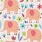 VHand drawn seamless background with elephans and flowers.