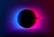 VHS glitch effect background with vivid neon blue pink light behind the black circle. Eclipse concept. Design of banner